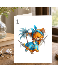 Whimsical Summer Cat Greeting Card — Cute Cat Card Blank Inside Gift for Cat Lovers, Any Occasion